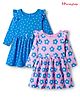 Honeyhap Premium 100% Cotton Knit Full Sleeves Floral Print Frocks with Bio Finish & Bow Applique Pack of 2 -Bonbon & Blue Aster