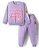 Babyhug Terry Knit Premium Light Gauge Terry Full Sleeves Top & Joggers Set with Just Happy Smiles Text Print - Lavender
