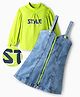 OLLINGTON ST. Cotton Full Sleeves Top & Denim Pinafore With Text Print - Lime & Indigo