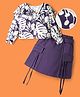 OLLINGTON ST. Rayon Woven Full Sleeves Front Open Top & Cotton Twill Skirt with Leaf Print & Frill Detailing - Multicolor & Purple