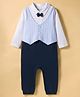 Kookie Kids Interlock Knit Full Sleeves Party Romper With Attached Waistcoat & Bow Applique - Navy Blue & White