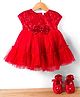Babyhug Mesh Woven Cap Sleeves Party Dress With Sequinned Yoke & Booties - Red