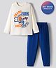 Primo Gino 100% Cotton Knit Full Sleeves Night Suit With Text Print - White & Blue