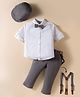 ToffyHouse Poplin Woven Full Sleeves Party Shirt & Trouser Set Bottom Set with Bow Suspender & Cap - White & Grey
