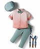 ToffyHouse Poplin Woven Full Sleeves Ombre Party Shirt & Trouser Set Bottom Set with Bow Suspender & Cap - Earthen Green & Peach