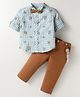 ToffyHouse Poplin Woven Full Sleeves Checks & Printed Party Shirt & Trouser Set With Bow & Suspender - Light Green & Tan