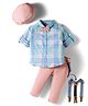 ToffyHouse Poplin Woven Full Sleeves Checked Party Shirt & Trouser Set with Suspender Bow & Cap - Pink & Blue