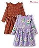 Honeyhap Premium 100% Cotton Knit With Bio Finish Full Sleeves Frocks With Floral & Heart Print Pack of 2 - Lavender & Cherry Mohogany