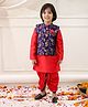 KID1 Brocade Woven Full Sleeves Solid Dhoti Kurta With Floral Foil Printed Jacket Set - Navy Blue & Red