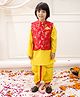 KID1 Brocade Woven Half Sleeves Floral Foil Printed Gota Lace Embellished Dhoti Kurti With Jacket Set - Red & Yellow