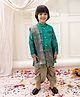 KID1 Brocade Woven Onam Theme Full Sleeves Floral Foil Printed Sherwani Dhoti With Stole Set - Green