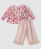 Halemons Pure Cotton Woven Full Sleeves Floral Printed Top With Pant Set - Cherry Red