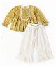 Halemons Pure Cotton Woven Full Sleeves Floral Printed Top With Frill Pant Set - Olive Yellow
