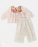 Halemons Muslin Woven Full Sleeves Floral Yoke Embroidered Top With Pant Set - Peach