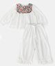 Halemons Pure Cotton Woven Full Puffed Sleeves Floral Swirl Yoke Printed Top With Pant Set - White
