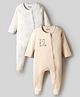 Bonfino 100% Cotton Knit Full Sleeves Footed Sleepsuits with Teddy Print Pack of 2 -Offwhite & Beige