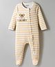 Bonfino 100% Cotton Knit Full Sleeves Footed Sleepsuit with Stripes & Teddy Embroidery  -White & Yellow