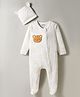 Bonfino 100% Cotton Knit Full Sleeves Footed Sleepsuit & Cap with Teddy Embroidery Patch - White