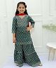 Ka-mee Cotton Woven Three Fourth Sleeves Floral Printed Gota Lace Embellished Kurti & Sharara With Dupatta Set - Green