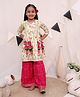 Ka-mee Cotton Woven Three Fourth Sleeves Floral & Cows Printed Gota Lace Embellished Kurti Sharara Set - Cream