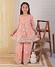 Ka-mee Cotton Woven Three Fourth Sleeves Floral Printed Gota Lace Embellished Kurti & Sharara Set - Peach