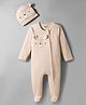 Bonfino 100% Cotton Knit Full Sleeves Footed Sleepsuit & Cap with Teddy Embroidery Applique - Offwhite