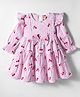 Dew Drops Cotton Woven Full Sleeves Frock With Cherry Print & Bow Applique - Peach