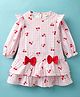Dew Drops Cotton Woven Full Sleeves Frock With Cherry Print & Bow Detailing - Pink