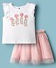 Babyhug Single Jersey Knit Frill Sleeves Top & Skirt Set with Floral Applique & Heart Embroidery - Pink & White