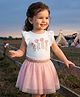 Babyhug Single Jersey Knit Frill Sleeves Top & Skirt Set with Floral Applique & Heart Embroidery - Pink & White