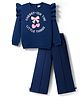 Babyhug Terry Knit Full Sleeves Top & Trouser Set with Cherrish The Little Things Text Print & Bow Applique - Navy Blue