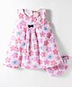 Dew Drops Cotton Knit Sleeveless Floral Printed Frock With Bloomer & Bow Detailing - Pink