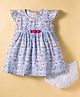Dew Drops Cotton Woven Frill Sleeves Unicorn Printed Frock With Bloomer & Bow Detailing - Aqua