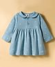 Zero Interlock Knit Full Sleeves Frock with Leaves Print - Aqua Blue