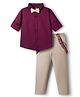 Babyhug Cotton Woven Full Sleeves Solid Party Shirt & Trouser Set With Bow & Suspender - Maroon