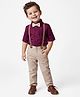 Babyhug Cotton Woven Full Sleeves Solid Party Shirt & Trouser Set With Bow & Suspender - Maroon