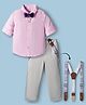 Babyhug Cotton Poplin Full Sleeves Solid Color Shirt & Stretchable Trouser with Bow & Suspender - Pink & Grey