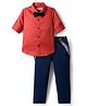 Babyhug Cotton Woven Full Sleeves Floral Printed Party Shirt & Trouser Set With Bow & Suspender - Brown & Navy