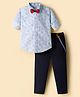 Babyhug Cotton Woven Full Sleeves Floral Printed Party Shirt & Trouser Set With Bow & Suspender - Navy Blue & White