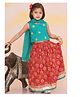KID1 Cotton Woven Sleeveless Peacock Feather Embroidered & Floral Printed Lehenga Choli With Dupatta Set - Green & Red