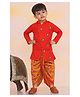 KID1 Cotton Woven Sleeveless Peacock Feather Embroidered & Floral Printed Dhoti Kurta Set - Red & Mustard