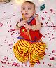 KID1 Cotton Woven Janmasthami Theme Sleeveless Morpankh Printed Kurti Dhoti With Mor Pankh Set - Red