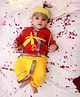 KID1 Cotton Woven Janmasthami Theme Full Sleeves Kanha Angrakha Dhoti Set With Morpankh & Headband - Red