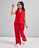 StyloBug Rayon Woven Sleeveless Solid Shirt Style Top & Pant Set - Red