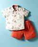 Mini Taurus Cotton Woven Half Sleeves Shirt and Shorts Set with Animal Print - Rust Orange