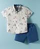 Mini Taurus Cotton Woven Half Sleeves Shirt and Shorts Set with Animal Print - Navy Blue