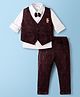 Mini Taurus Sinker Knit Full Sleeves Three Piece Party Suit Set with Attached Bow & Teddy Embroidery - Brown