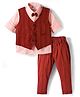 Mini Taurus Sinker Knit Full Sleeves Striped 3 Piece Party Suit With Bow Applique - Maroon & Pink