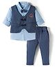 Mini Taurus Sinker Knit Full Sleeves Striped 3 Piece Party Suit With Bow Applique - Navy Blue & Light Blue