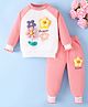 Mark & Mia Full Raglan Sleeves Cotton Winter Wear T-shirt & Lounge Pant Set With Floral Applique - Pink & White